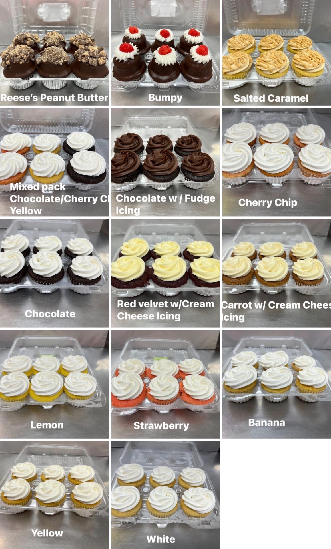 Buccilli's cupcake flavors by the six-pack: Reese's peanut butter, bumpy, salted caramel, mixed pack, chocolate with fudge icing, cherry chip, red velvet and carrot with cream cheese icing, lemon, strawberry, banana, yellow and white